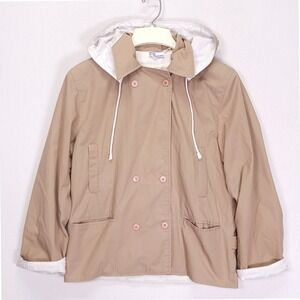 Vintage Avon Fashions Tan Double Breasted Hooded Jacket Womens Khaki Windbreaker